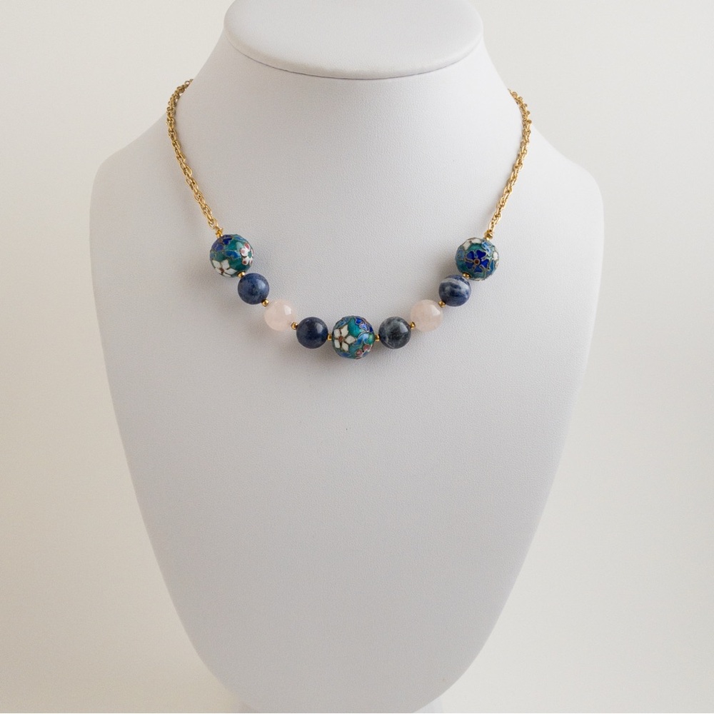 Vintage Rare Hobe Cloisonné Rose Quartz Sodalite Beaded Necklace Gold Tone